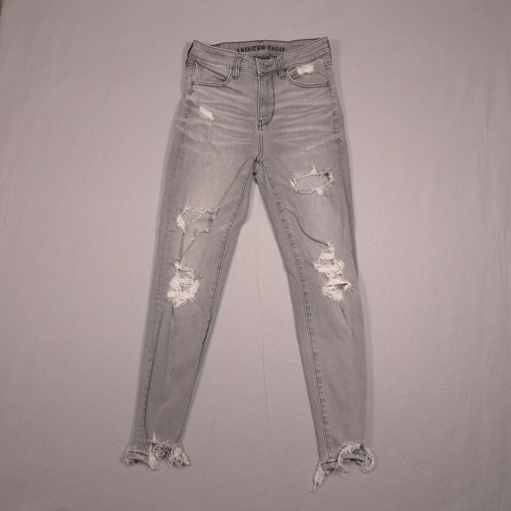 American Eagle Super Hi-Rise Jegging Gray Distressed Jeans 2 X-Short M4